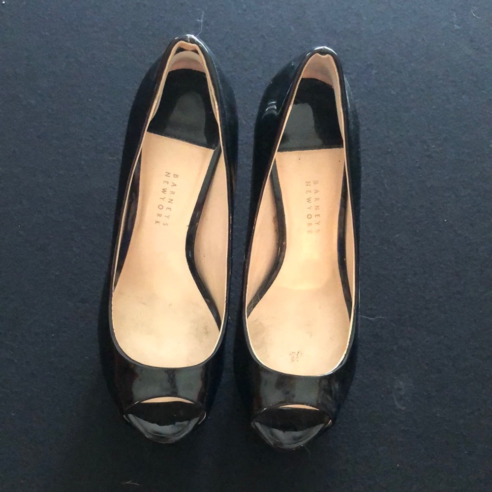 Barney’s of New York - Vero Cuoio Black patent leather, 4 1/2 inch heel peep toe